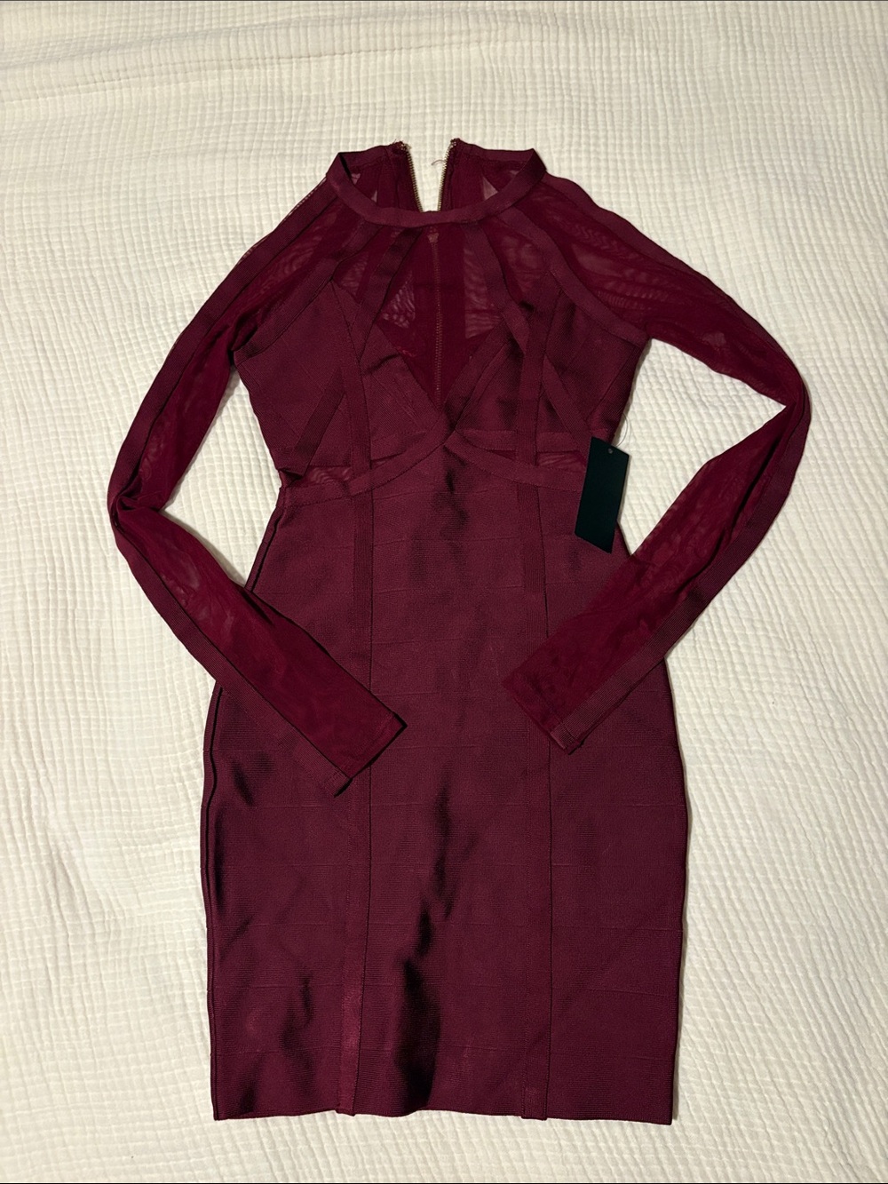NWT Guess XS Burgundy Long Sleeve Sheer-Panel Bodycon Dress